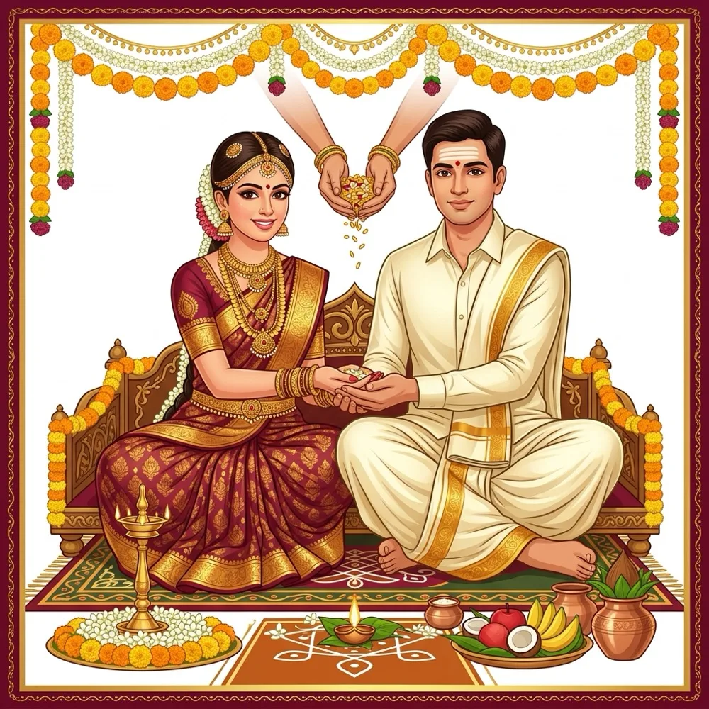 Muhurtham Tamil Wedding Couple Artwork in Dhoti and Silk Saree