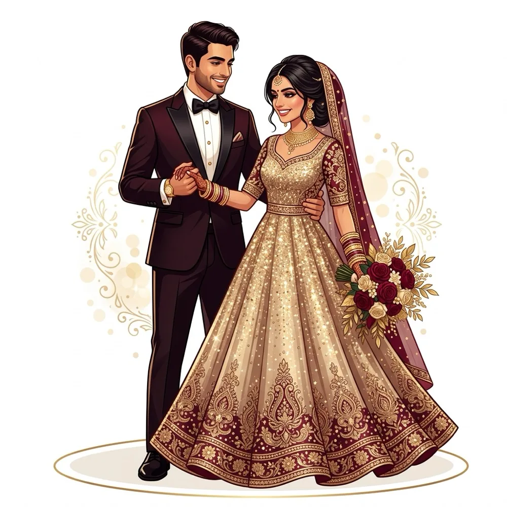 Reception Couple Artwork in Tuxedo Suit and Evening Gown
